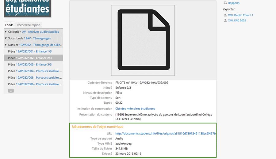 Métadonnées issues du fichier sont rattachées à l’item Omeka  Voir la notice Atom Voir la notice Omeka